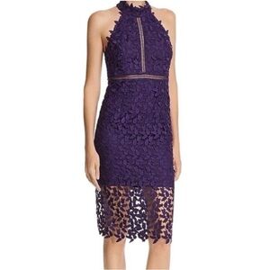 Revolve Bardot XS Gemma Purple Halter Neck Lace Cocktail Event Midi Sheath Dress